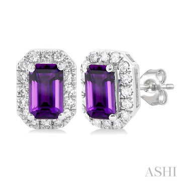5x3 MM Octagonal Shape Amethyst and 1/8 Ctw Single Cut Diamond Halo Semi-Precious Stud Earrings in 14K White Gold